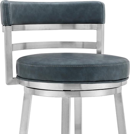 Armen Living Madrid 30" Seat Height Swivel Modern Blue Faux Leather and Brushed Stainless Steel Bar Stool for Kitchen Island Counter