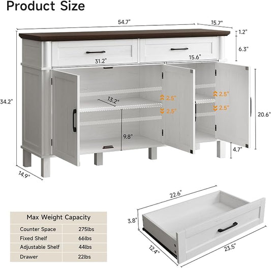 ONBRILL 55 Inch Buffet Cabinet with Storage, Farmhouse Sideboard Buffet w/2 Drawers and 3 Doors, Wood Coffee Bar Cabinet with Adjustable Shelves, Sideboard Storage for Kitchen, Living Room, Off White