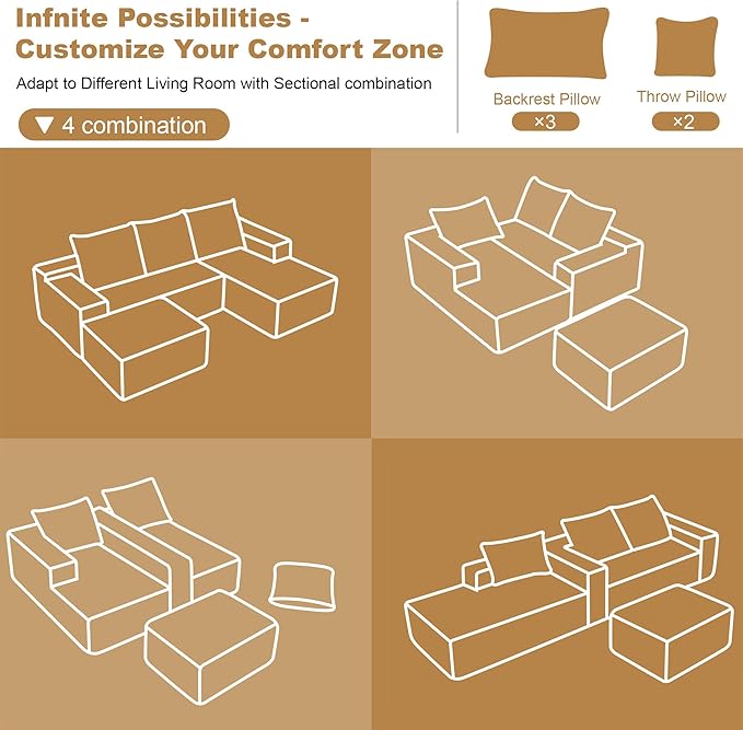 AUGOP 108" Sectional Couches for Living Room Modern Modular Sofa with L-Shape Couchs Upholstered Boneless Couch Deep Seat Sectional Couch with Chaise (Camel, Right Facing Chaise+2Seaters+1Ottoman)