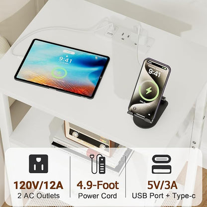 LOAKEKEL Night Stand, Nightstand with Charging Station, Slim Industrial Bedside Table with 2 Fabric Drawers, Small End Table with USB & Type-C Ports for Bedroom, White, HETS020WT-1