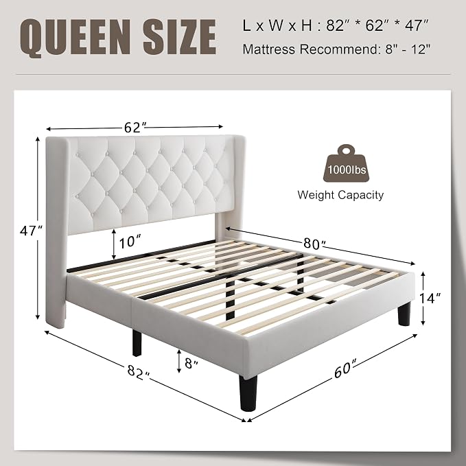 Einhomn Queen Size Platform Bed Frame with Velvet Upholstered Wingback Headboard, 10" Under Bed Space, Wooden & Metal Slats Support, No Box Spring Needed, White