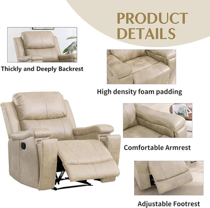 CANMOV Leather Recliner Chair, Classic and Traditional Manual Recliner Chair with Overstuffed Arms and Back, Manual Single Sofa with Concealed Cup Holders,Beige