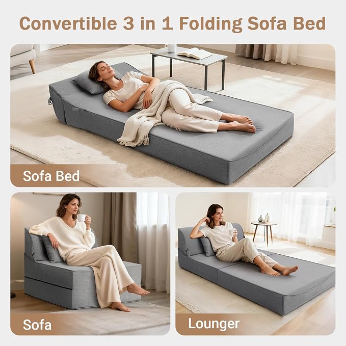 BeBen Folding Sofa Bed Chair, Convertible Sleeper Chair Futon Couch, Foldable Boneless Floor Lounge Sofa, Twin Foam Chair Bed for Small Spaces, Dorm, Guest Room, Living Room, Apartment, Dark Grey