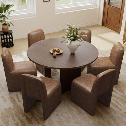 Hyfirm Set of 6 Mid-Century Modern PU Leather Dining Chairs No Assembly Required, Fully Upholstered Armless Accent Side Chairs with Metal Footrest and Solid Backrest for Living Room, Bedroom, Study