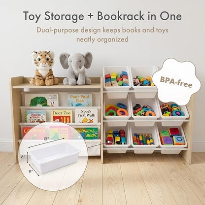Humble Crew Toy Storage Organizer with Book Shelf and Top Shelf, 9 Removable Storage Bins for Kids Playroom, Toy Organization, Solid Wood, Natural/White