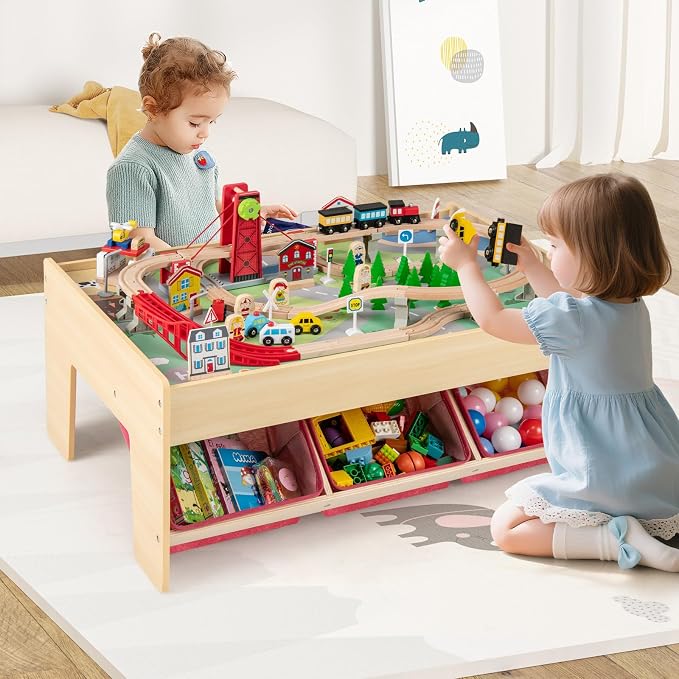 Costzon Train Table, 3-in-1 Wooden Activity Table W/ 3 Storage Bins, Reversible 94 PCS Track Train Toys & Table Map for Building, Playing, Studying, Eating, Kids Train Set Table for Boys Girls Aged 3+
