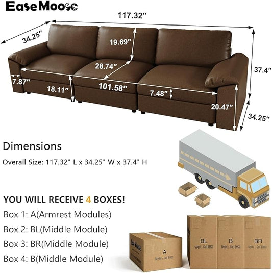 EASE MOOSE 3 Seater Deep Seat Sectional Sofa,Scratch Resistant Faux Leather Material, Oversized Modular Couch,Classic Comfy Sofas for Small Spaces, Deep Brown