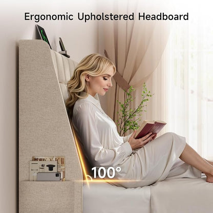 Ergonomic Upholstered Headboard Queen Size w/Charging Station, Linen Wingback Headboards w/Storage Pocket, Queen Headboard Only, Bed Frame Adapters, Sturdy Stable Solid Wood Bed Head Board, Beige