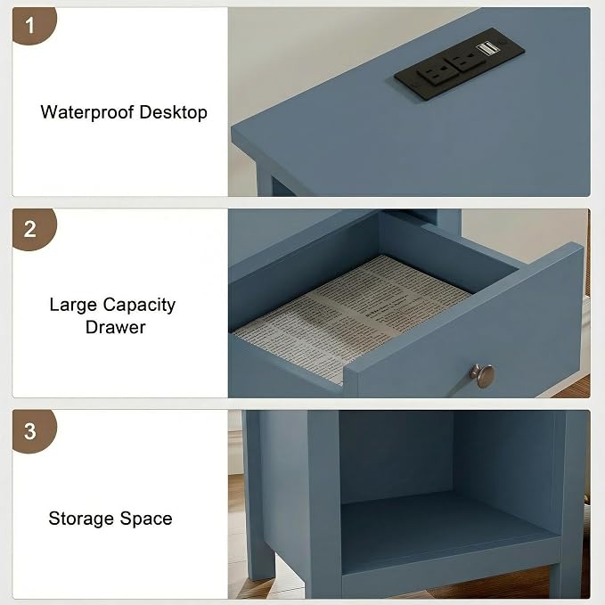 ChooChoo Farmhouse Nightstand Set of 2,Night Stand with Charging Station, Wooden Top Bedside End Table with Drawer and Storage Space for Bedroom, Blue