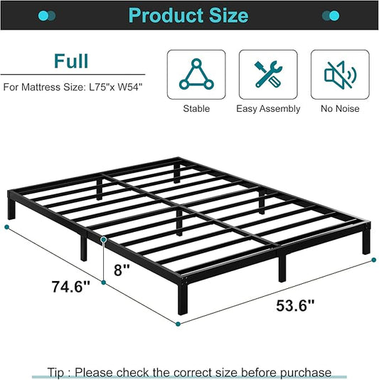 Maenizi 8 Inch Full Size Bed Frame No Box Spring Needed, Heavy Duty Metal Platform Bed Frame Full Support Up to 3000 lbs, Easy Assembly, Noise Free, Black