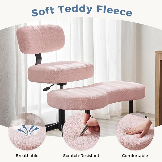 DUMOS Ergonomic ADHD Cross Legged Office Desk Chair with Adjustable Backrest, Height Adjustable Meditation Chair with 360° Swivel Footstool, Teddy Fleece Yoga Stool for Home Office, Pink