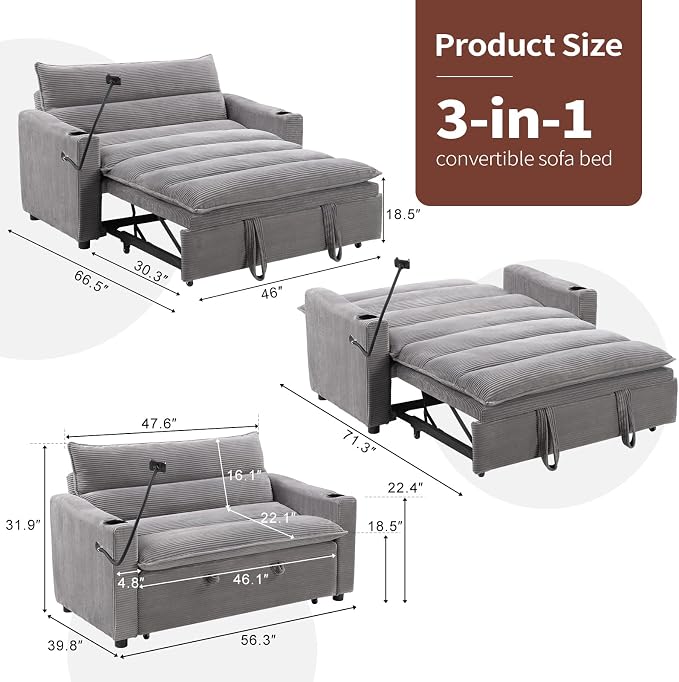 HAOMARKETS 3-in-1 Convertible Loveseat Sleeper Sofa Bed, 2-Seat Pull Out Couch with Cup Holders, Phone Holder and USB Ports, Corduroy 3-Level Adjustable Backrest Couches for Living Room, Grey