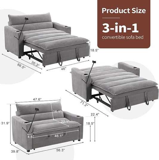 HAOMARKETS 3-in-1 Convertible Loveseat Sleeper Sofa Bed, 2-Seat Pull Out Couch with Cup Holders, Phone Holder and USB Ports, Corduroy 3-Level Adjustable Backrest Couches for Living Room, Grey