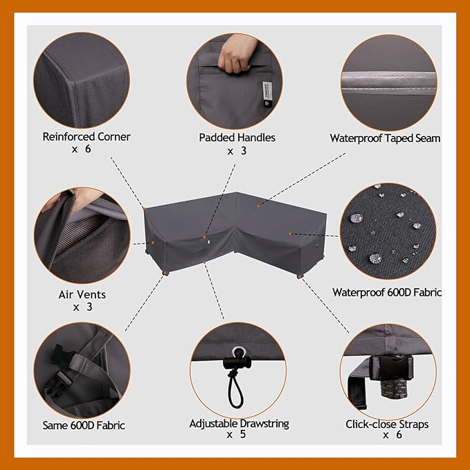Heavy Duty Outdoor Sectional Sofa Cover, Waterproof 600D Patio Sectional Couch Cover, Lawn Patio Furniture Protector(Storm Grey, V-Shaped-90 x 90")