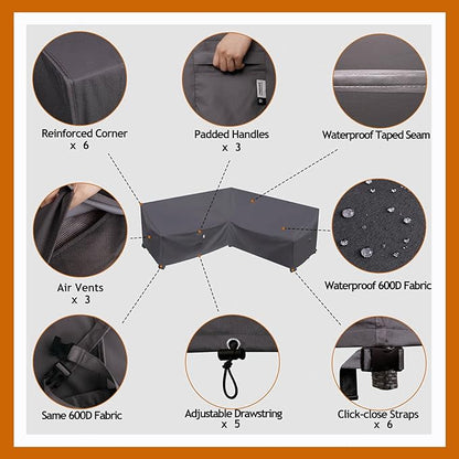 Heavy Duty Outdoor Sectional Sofa Cover, Waterproof 600D Patio Sectional Couch Cover, Lawn Patio Furniture Protector(Storm Grey, V-Shaped-90 x 90")
