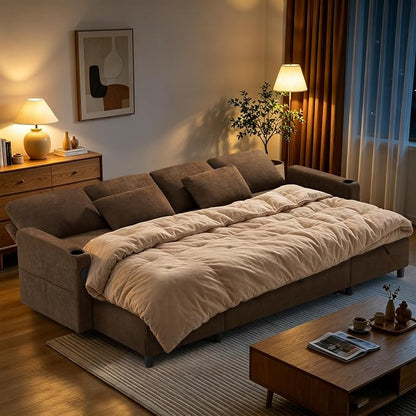 110" U-Shape Reversible Sectional Sofa Bed w/USB Port, Light Brown | Upholstered Sleeper Couch w/Adjustable Backrest and Storage Chaises, Chenille Modern Sofa w/Pull-Out Bed for Living Room