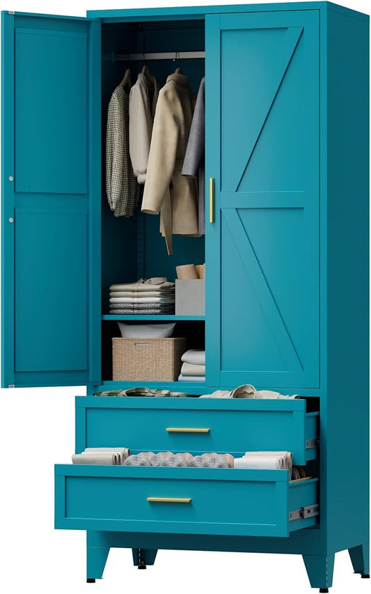 LCAOPC 71" Tall Metal Wardrobe Cabinet with 2 Drawers and Hanging Rod, 2 Doors Armoire Wardrobe Closet with Shelf for Bedroom, Office, Laundry Room, Blue