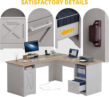DWVO L Shaped Desk with File Drawer, 60" Corner Computer Desk with Power Outlets, Home Office Desk with Monitor Stand & Storage Shelves & File Cabinet, Grey Wash