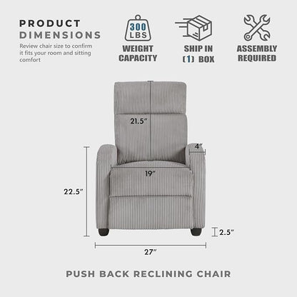 Lexicon Corduroy Pushback Recliner Chair Armchair Push Back Recliner, Solid Wood Frame and Metal Base, Easy Assembly Small Soft Single Sofa Accent Chair for Living Room/Office/Apartment, Light Grey