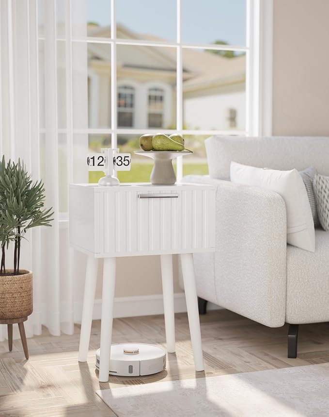 YMYNY Fluted Nightstand Set of 2, Small End Table, Modern Coffee Table with Drawer, Solid Wood Legs, Retaining Chain, 13.8" x 10.6" x 20.9", for Bedroom and Small Spaces, White UHST014W-2