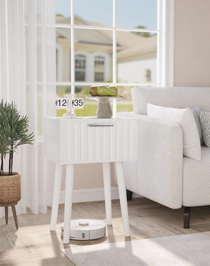 YMYNY Fluted Nightstand Set of 2, Small End Table, Modern Coffee Table with Drawer, Solid Wood Legs, Retaining Chain, 13.8" x 10.6" x 20.9", for Bedroom and Small Spaces, White UHST014W-2