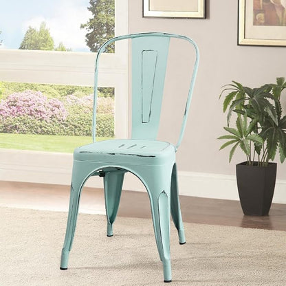 Devoko Metal Indoor-Outdoor Chairs Distressed Style Kitchen Dining Chairs Stackable Side Chair with Back Set of 4 (Blue)