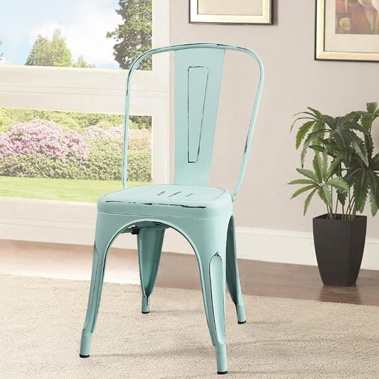 Devoko Metal Indoor-Outdoor Chairs Distressed Style Kitchen Dining Chairs Stackable Side Chair with Back Set of 4 (Blue)