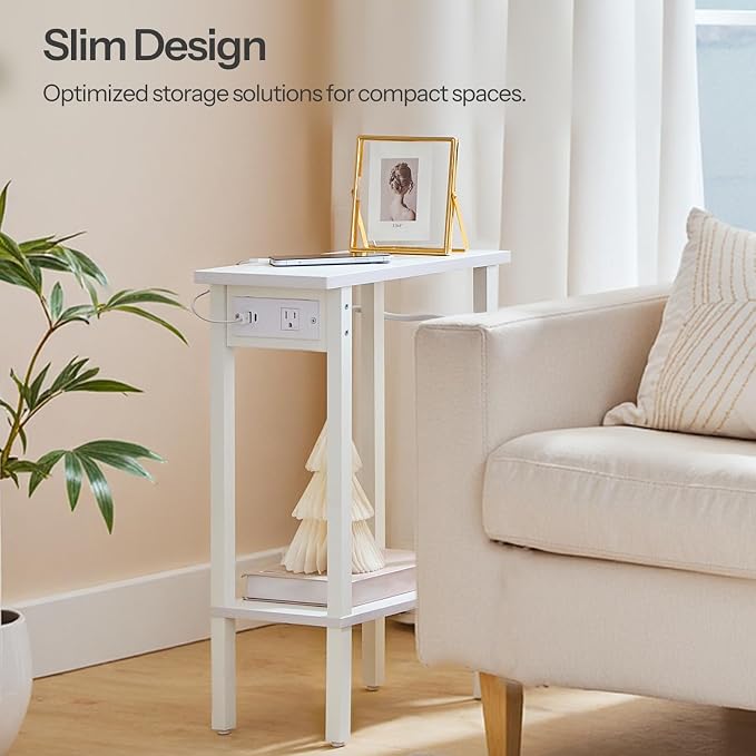 HOOBRO Narrow Side Table, 2-Tier Slim End Table with Charging Station, Skinny Nightstand with Open Storage, for Small Spaces, Living Room, Bedroom, Study, White WT240UBZ01