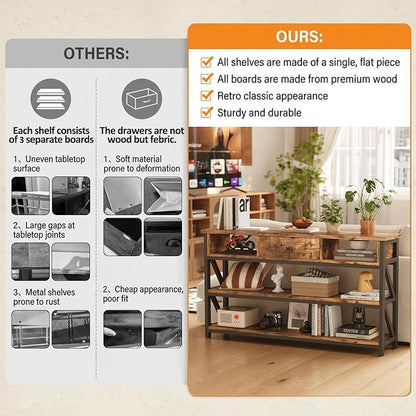 Mexin Console Table with Drawer Shelves, Entryway Table with 3 Tier Storage Shelves, Industrial Wood Hallway Sofa Table for Living Room, Couch, Foyer, Kitchen Counter, 47 Inch Rustic Brown