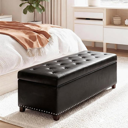 Joveco 47 Inch Storage Ottoman Bench,Tufted Leather Storage Bench with Nailhead Trim for Bedroom (47”,Black)