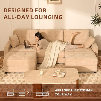 112" U Shaped Modular Cloud Sectional Couch, Waffle Fabric, Oatmeal Beige | Modular Deep Seat Sofa, Movable Ottoman, Pocket Spring Cushions, 2-Box Delivery, Living Room Lounge Use, Not Boneless