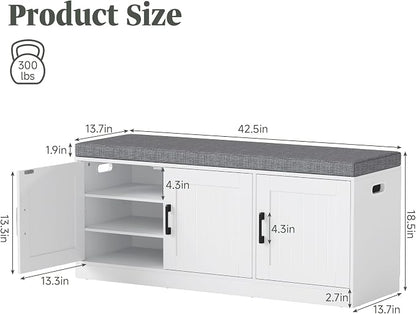 Turosur Shoe Storage Bench with Cabinet, 3-Tier Entryway Bench with Padded Seat Cushion, Shoe Cabinet Bench with 4 Adjustable Shelves for Bedroom, Mudroom, White