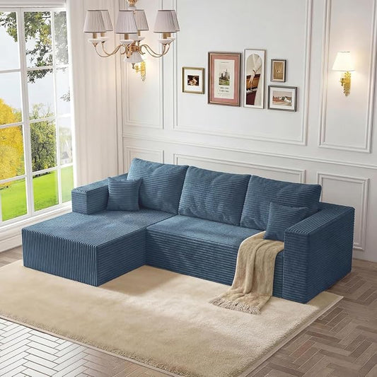 108" Modular Sectional Sofa, L-Shaped Cloud Couch with Deep Seats & Chaise, Convertible Corduroy Boneless Couches for Living Room, Bedroom, No Need Assembly - Blue(Left Facing Chaise)