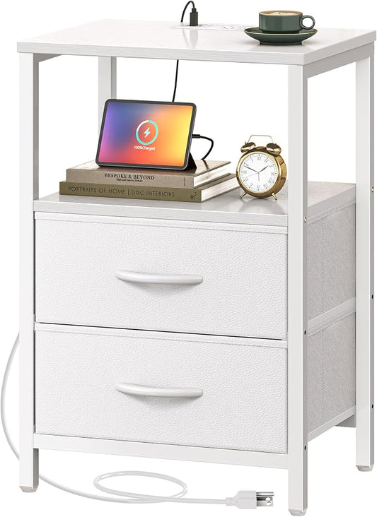 Huuger Nightstand with Charging Station, Side Table with 2 Fabric Drawers, End Table with Open Shelf, Bedside Table with USB-C Port and Outlets, Night Stand, PU Leather, White