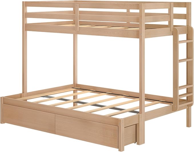 Grain & Grove Bear Twin Over Full Bunk Bed with Storage Drawers, Sturdy Bunk Bed Frame for Kids, Plywood Bunk with Ladder, Guardrail, and Slats, No Box Spring Required, Oak Embossed Natural