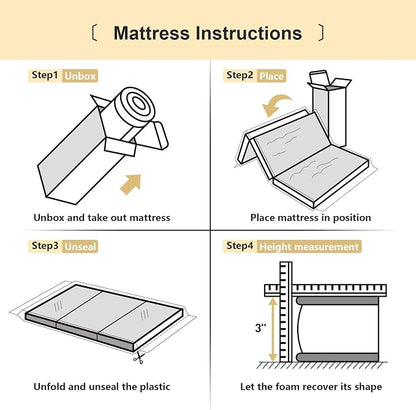 3"x26"x38" Trifold Mattress Topper, Waterproof Breathable Soft Removable Cover, Portable Mattress Pad with Carry Bag for Indoor & Outdoor Use, High Density Medium Firm Foam