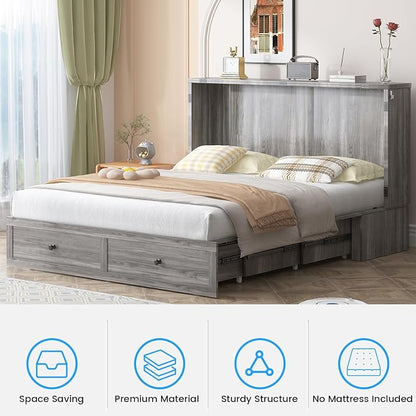 PUREMIND Queen Murphy Bed with Mattress Included, Multi-Functional Hideaway Cabinet Bed with Storage Drawer, USB Charging Port and Folding Bedside Panel, Space Saving Chest Beds Wallbed for Guest Room