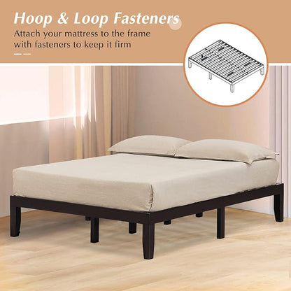 COSTWAY Queen Size Platform Bed Frame, 14 Inches Solid Rubber Wood Bed Mattress Foundation with Sturdy Slats Support, Easy Assembly Bed Frame for Home Hotel, No Box Spring Needed (Espresso, Queen)