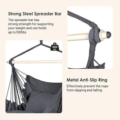 Highwild Hammock Chair Hanging Rope Swing - Max 500 Lbs - 2 Cushions Included - Steel Spreader Bar with Anti-Slip Rings - for Any Indoor or Outdoor Spaces (Grey)