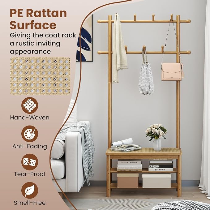 Giantex 3-in-1 Hall Tree with Bench and Shoe Storage, Bamboo Coat Rack Freestanding w/PE Rattan Bench, 11 Hanging Rods, 3 Tier Shoe Rack, Narrow Mudroom Storage Organizer for Entryway Bedroom,Natural