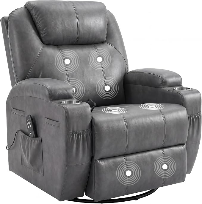 JUMMICO Small Swivel Rocker Recliner, 360 Rocking Chair Recliner with Massage, Upholstered Leathaire Rocker Recliner with Cup Holder for Living Room, Bedroom, Nursery (Dark Gray)