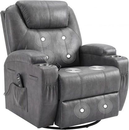 JUMMICO Small Swivel Rocker Recliner, 360 Rocking Chair Recliner with Massage, Upholstered Leathaire Rocker Recliner with Cup Holder for Living Room, Bedroom, Nursery (Dark Gray)