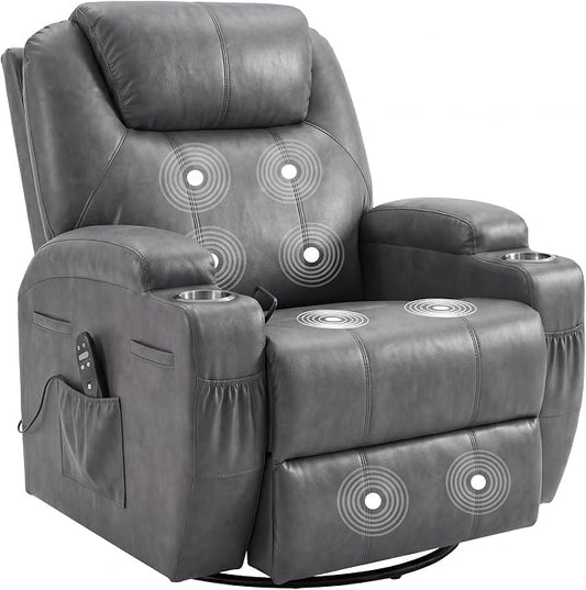 JUMMICO Small Swivel Rocker Recliner, 360 Rocking Chair Recliner with Massage, Upholstered Leathaire Rocker Recliner with Cup Holder for Living Room, Bedroom, Nursery (Dark Gray)