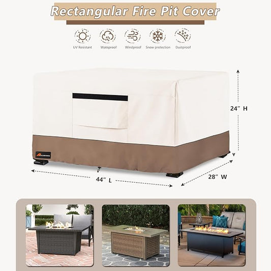 Fire Pit Cover Rectangular, Outdoor Heavy Duty 600D 100% Waterproof Tear-Resistant 44 Inch Fire Table Cover Rectangle, Patio Gas Fire Pit Table Covers, Beige 44" L x 28" W x 24" H