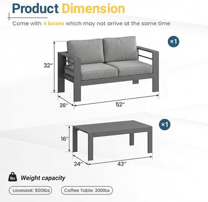 Solaste Aluminum Patio Furniture Set for All Weather, Oversized Metal Outdoor Furniture Set with 27.5" Deep Seating and 3.2" Wide Armrest, Outdoor Patio Conversation Sets with 10" Back Suport Cushion