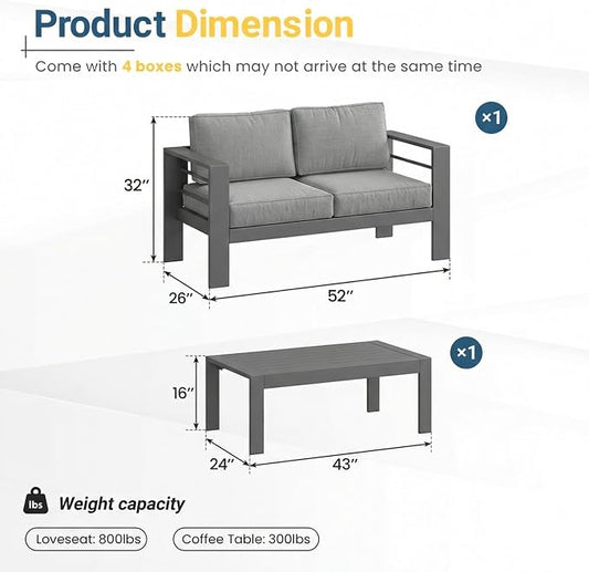 Solaste Aluminum Patio Furniture Set for All Weather, Oversized Metal Outdoor Furniture Set with 27.5" Deep Seating and 3.2" Wide Armrest, Outdoor Patio Conversation Sets with 10" Back Suport Cushion