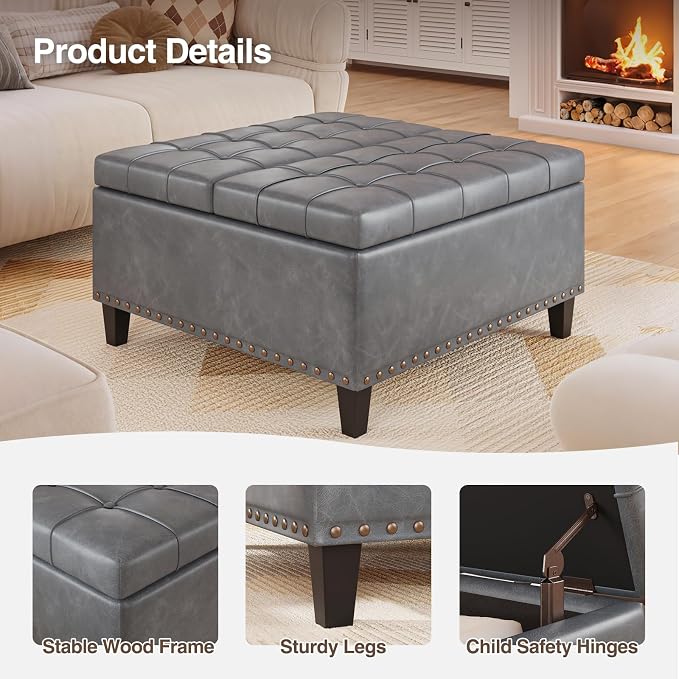 FiveWillowise Square Leather Ottoman with Storage, Faux Leather Coffee Table with Lift Top,Large Upholstered Footrest Stool Toy Box Storage Bench for Bedroom Living Room, Grey