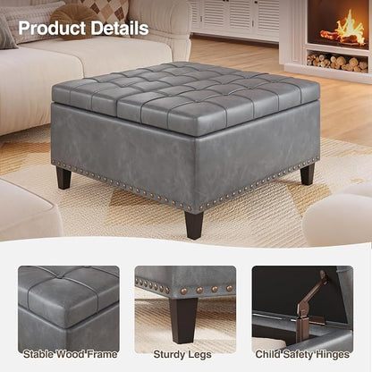 FiveWillowise Square Leather Ottoman with Storage, Faux Leather Coffee Table with Lift Top,Large Upholstered Footrest Stool Toy Box Storage Bench for Bedroom Living Room, Grey