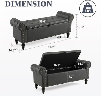 51" Storage Bench for Bedroom, Upholstered Ottoman Bench, Leather DarkGray | End of Bed Bench for Bedroom, Window Benches for Living Room, Entryway, Ottoman with Large Storage Space, Pet Friendly