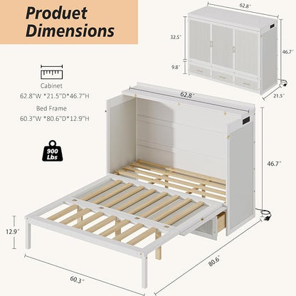 Bellemave Queen Size Murphy Bed with Charging Station and Storage, Farmhouse Murphy bedframe with Foldable Panel, Noisy Free, for Guest Bedroom, Living Room, White